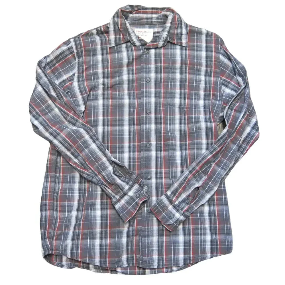 WRANGLER JEANS CO Button Down Plaid Shirt Size M Men Long Sleeve Gray Red Multi